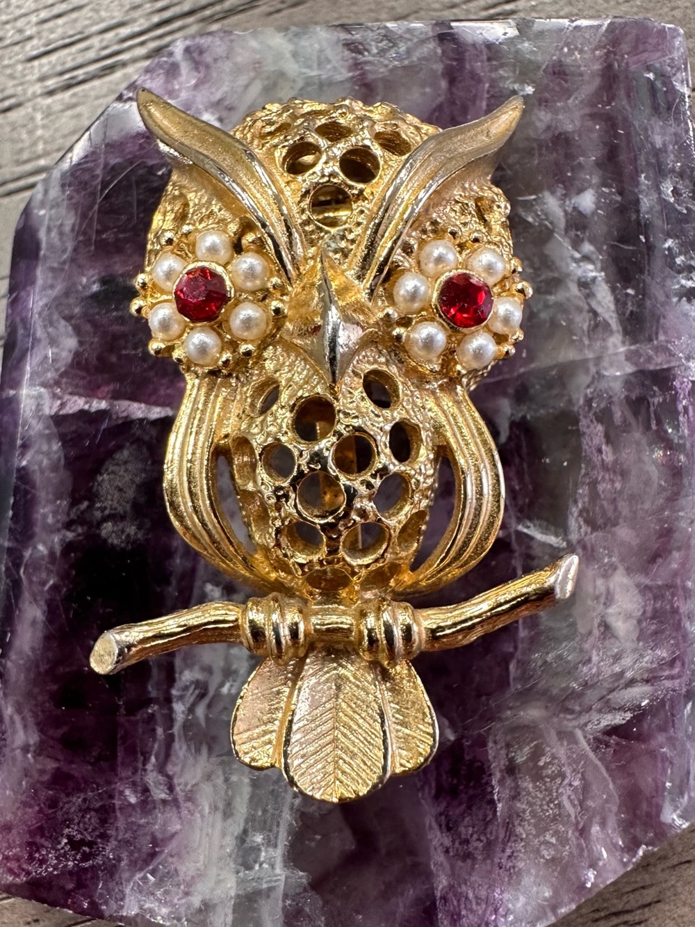 Vantage Gerry’s Owl Brooch with Red and Pearl Accents